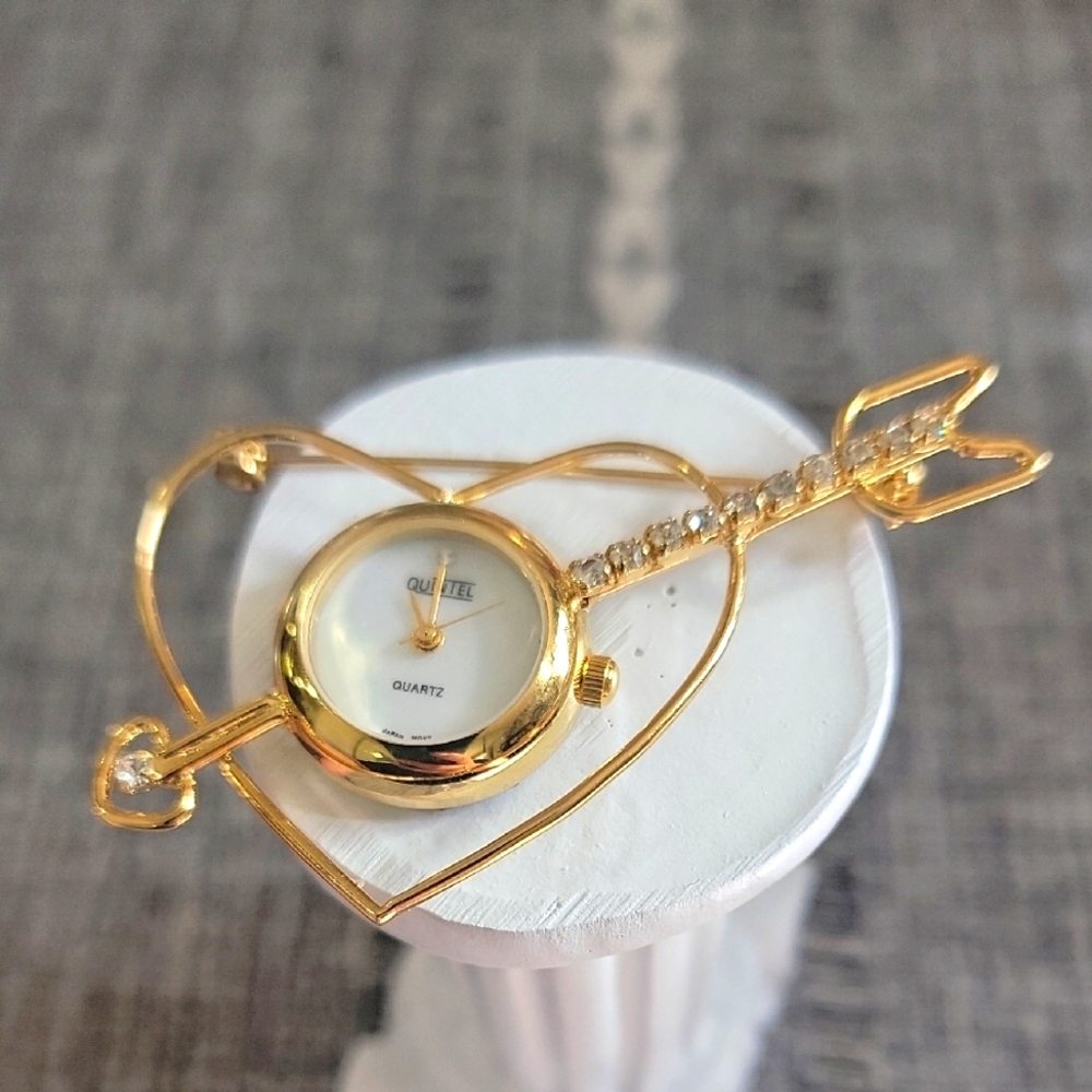 Vintage Quintel Gold Heart-Shaped Women's Clock Brooch 2"